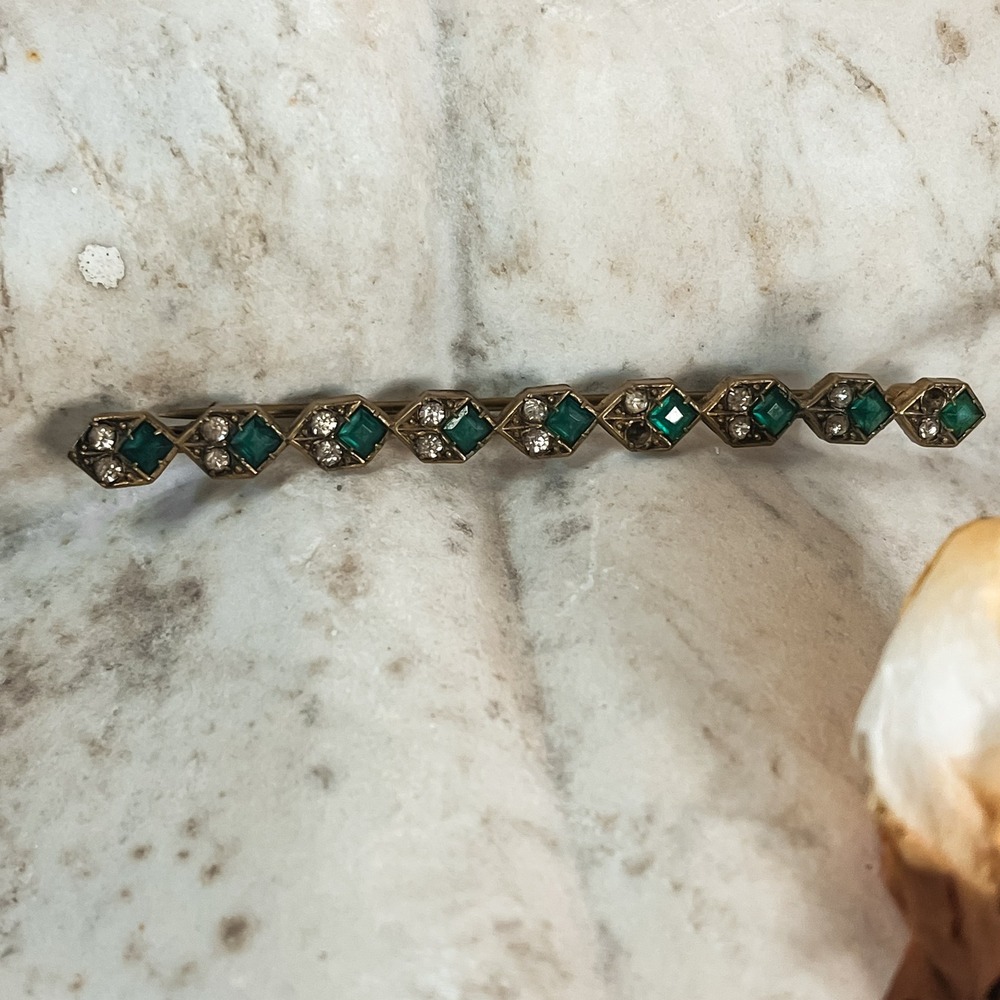 Antique Bar Brooch with Green and Clear Stones